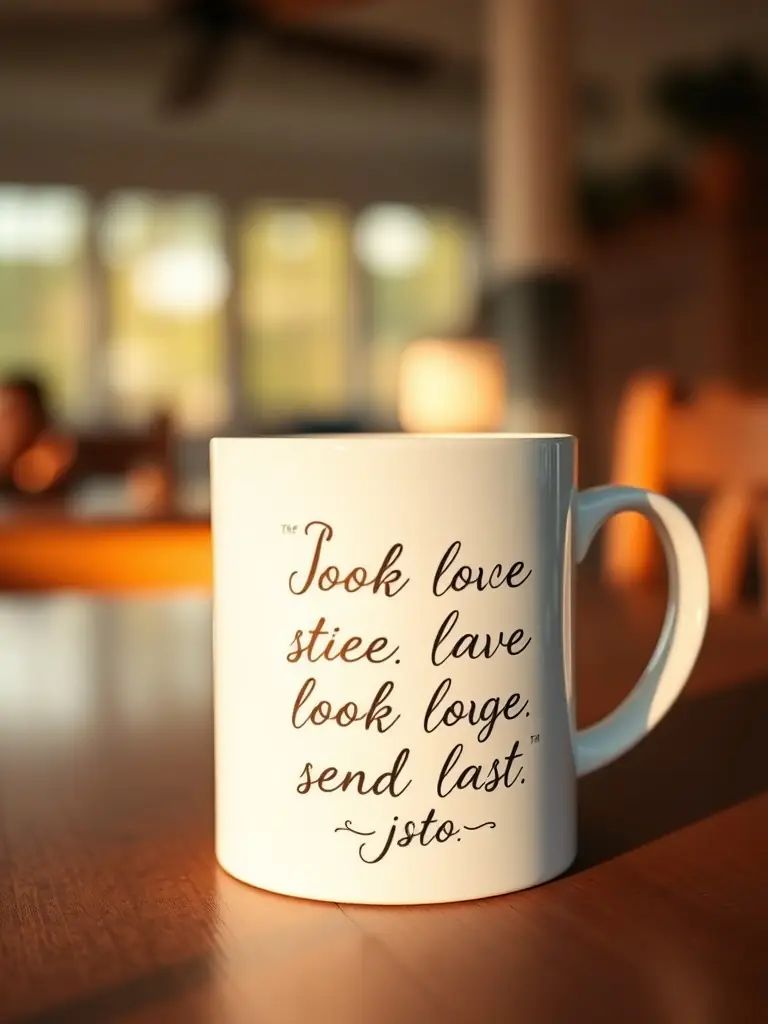 A high-quality image of a custom-printed mug with a company logo and a motivational quote, sitting on a desk with office supplies.